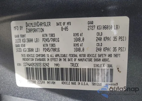 2006 Dodge Dakota Slt из США, поврежденный, VIN 1D7HW42K26S516242